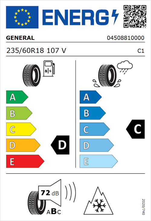 Tyre Label for General Grabber A/S 365 235/60R18 107V
