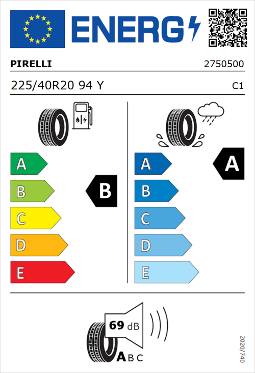 Tyre Label for Pirelli P ZERO Run Flat 225/40R20 94Y