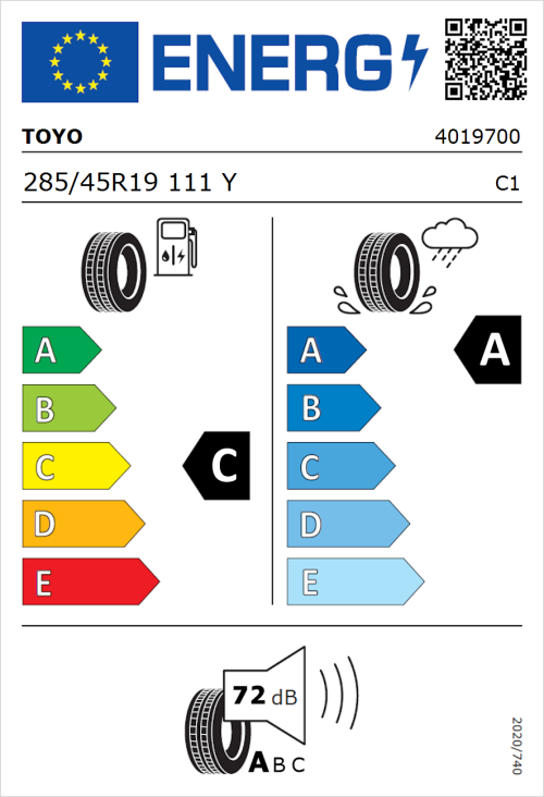 Tyre Label for Toyo Proxes Sport 285/45R19 111Y
