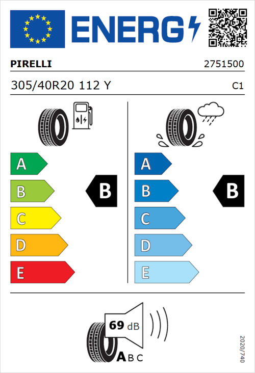 Tyre Label for Pirelli P Zero 305/40R20 112Y