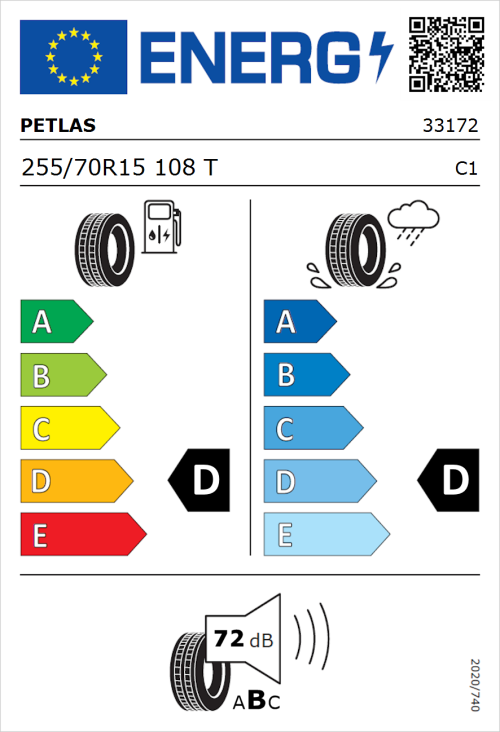 Tyre Label for Petlas Explero PT421 A/T 255/70R15 108T