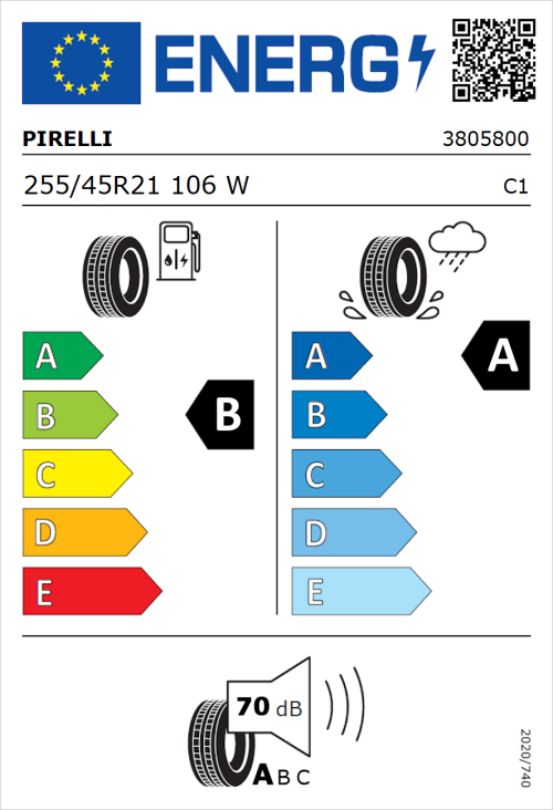 Tyre Label for Pirelli P Zero 255/45R21 106W