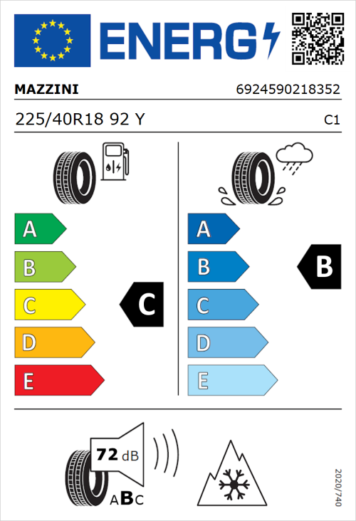 Tyre Label for Mazzini Versat-AS8 225/40R18 92Y