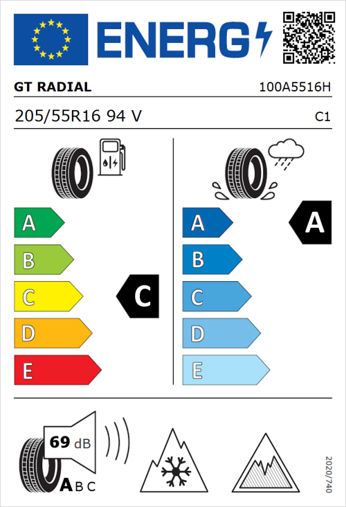 Tyre Label for GT Radial Climate Active 205/55R16 94V