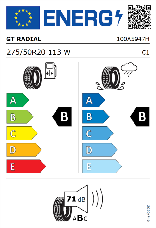Tyre Label for GT Radial TouringActive 275/50R20 113W