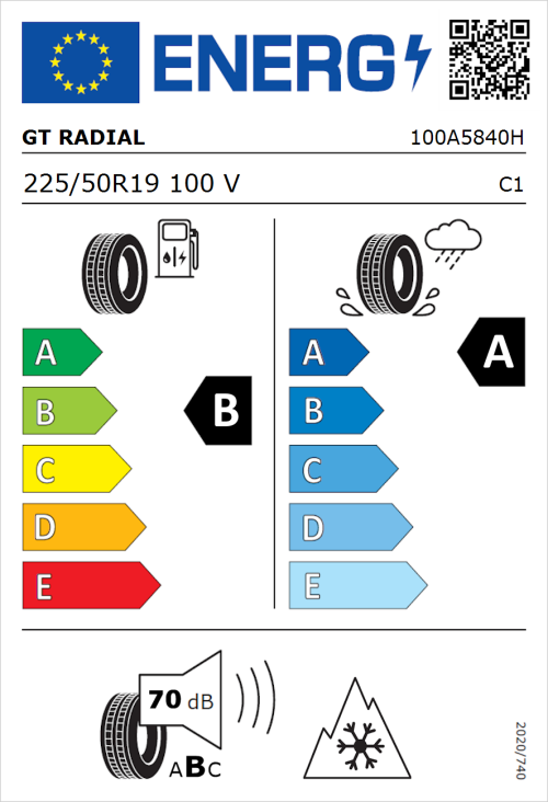 Tyre Label for GT Radial Climate Active 225/50R19 100V
