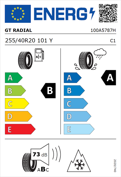 Tyre Label for GT Radial Climate Active 255/40R20 101Y