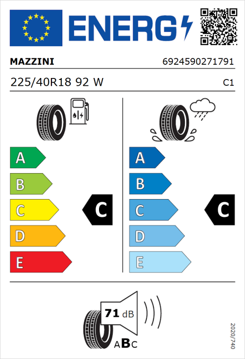 Tyre Label for Mazzini Falconer F1 225/40R18 92W