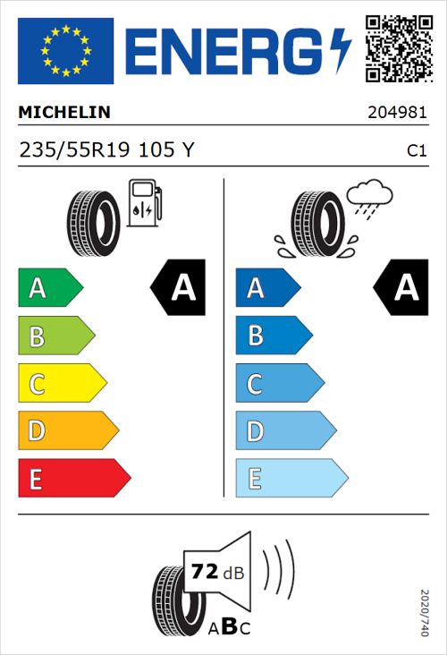 Tyre Label for Michelin Pilot Sport 5 Energy 235/55R19 105Y