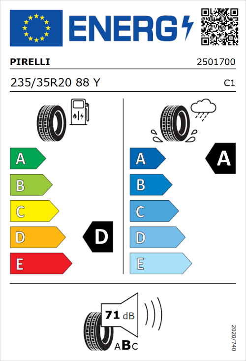 Tyre Label for Pirelli P Zero 235/35R20 88Y