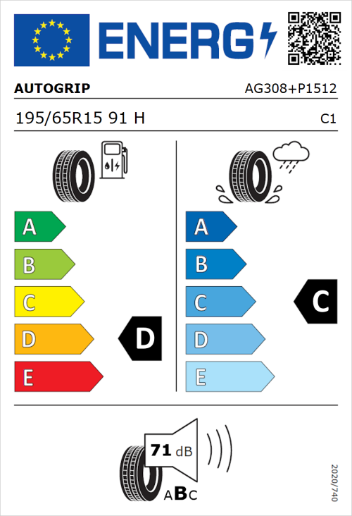 Tyre Label for Autogrip P308 195/65R15 91H