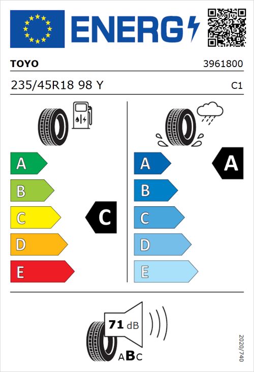 Tyre Label for Toyo Proxes Sport 235/45R18 98Y